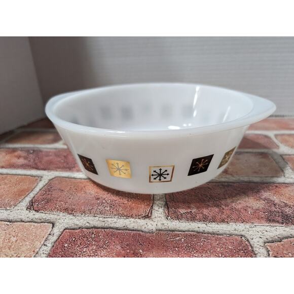 VTG MCM Inland Glass 8.5" Casserole Dish Atomic Snowflake Black Gold No Lid - Picture 6 of 6